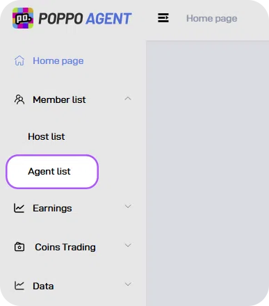Poppo Live web dashboard showing the Agent list option