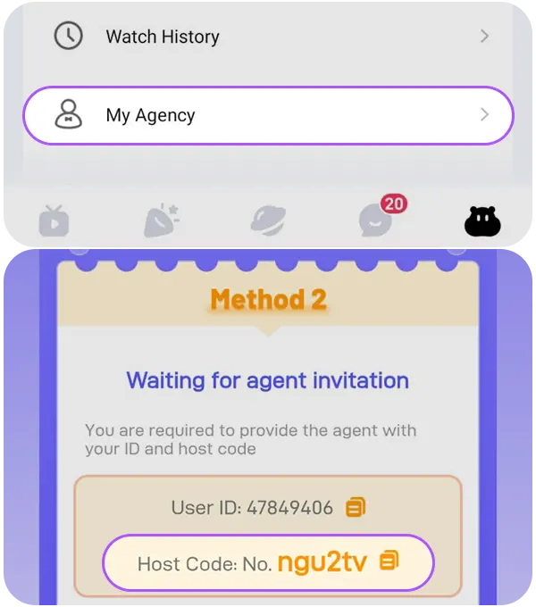My Agent screen in Poppo Live showing the host code