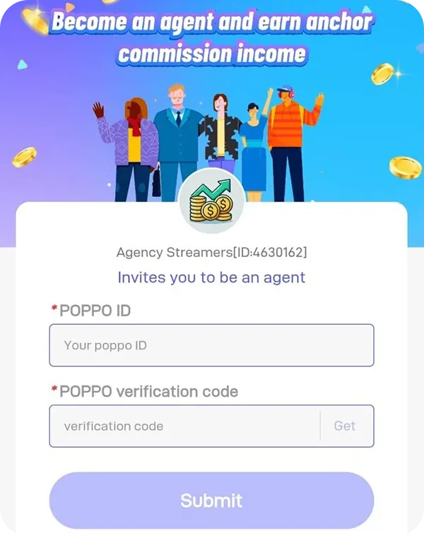 Poppo Live agent registration form with Poppo ID and verification code
