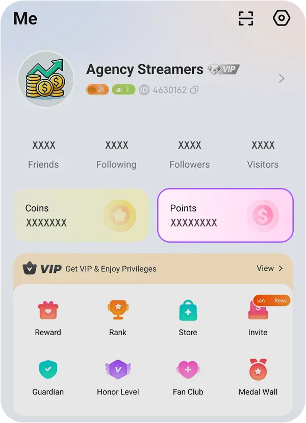 Poppo Live profile showing the Points section for withdrawing earnings