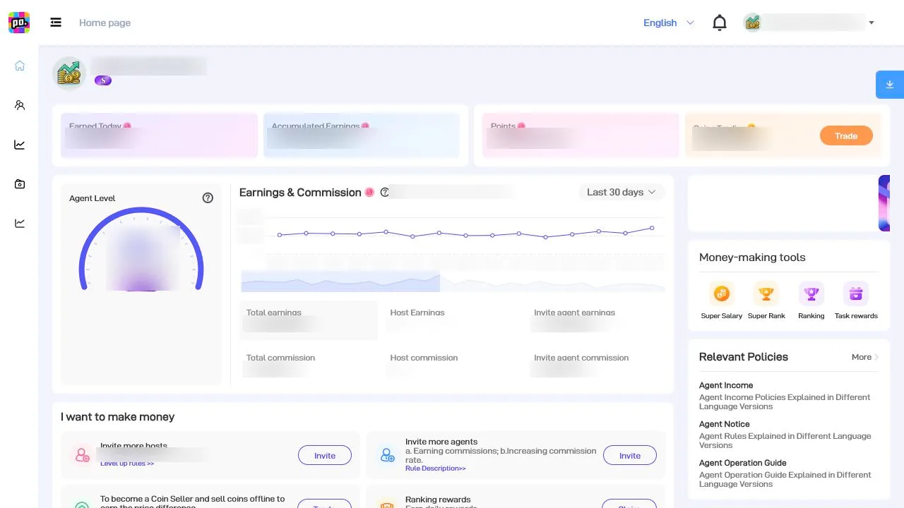 Poppo Live agent web dashboard showing earnings, commissions, agency tools and official agent resources.