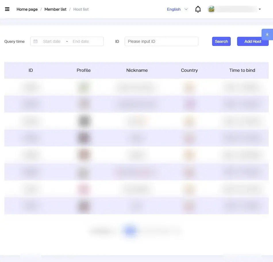 Poppo Live agent dashboard Host List with date and ID filters for managing agency streamers.